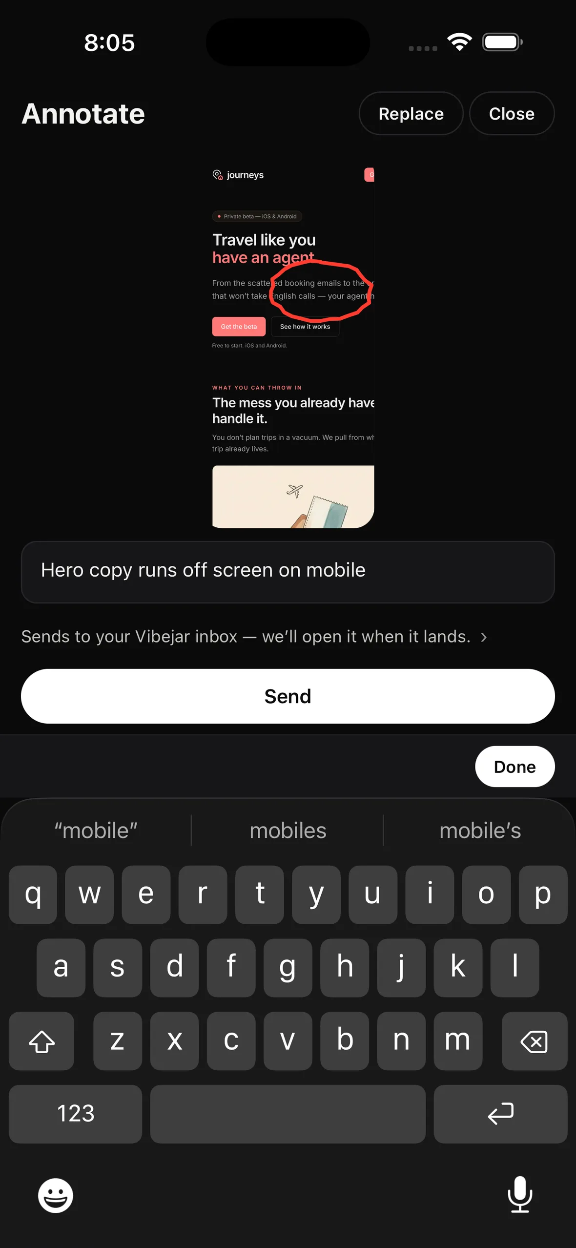 The Vibejar Annotate screen on iPhone: a journeys screenshot with a red circle around the clipped copy and the note 'Hero copy runs off screen on mobile', ready to send.
