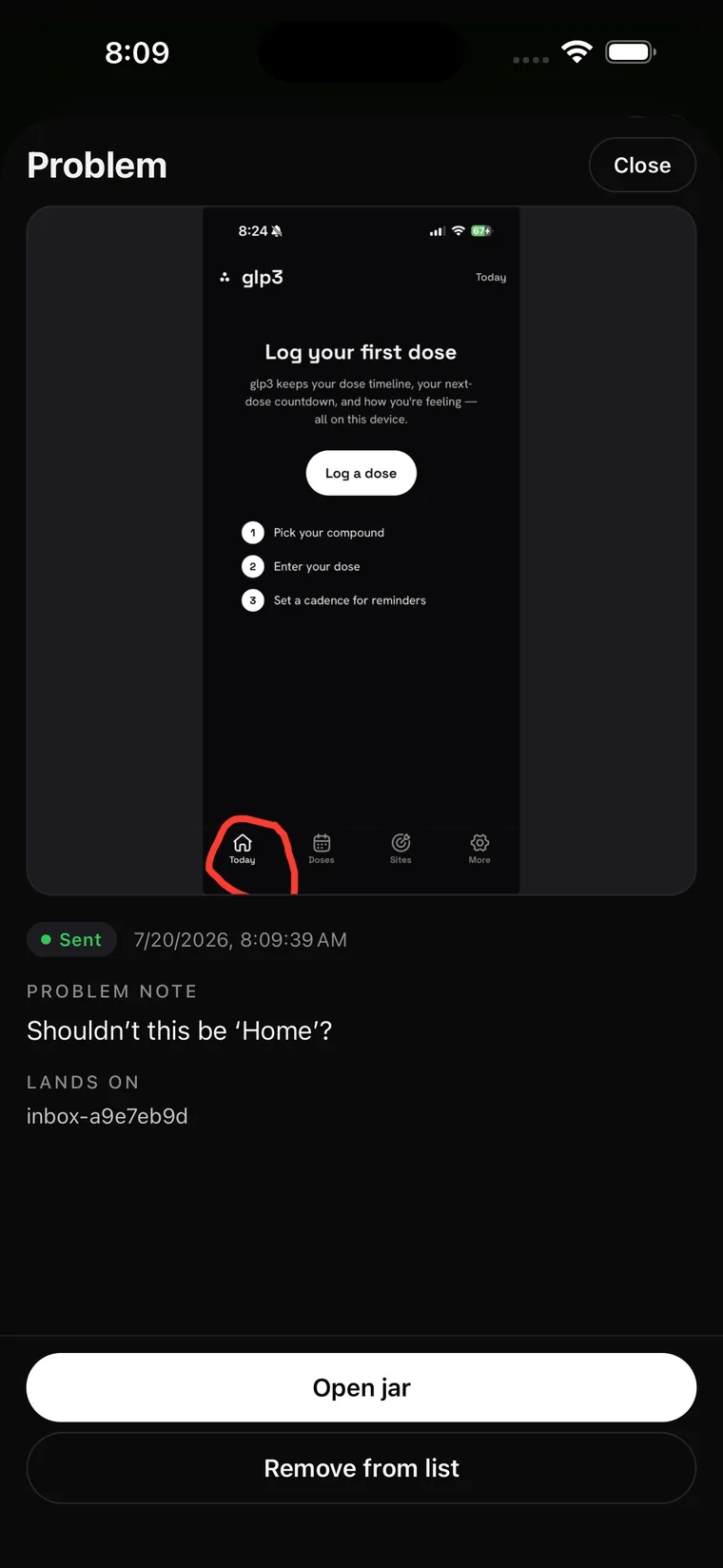 glp3 app in Vibejar — a red circle around the Today tab, with the note: shouldn't this be Home?