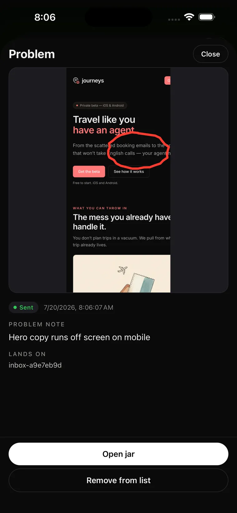 Journeys landing page in Vibejar — a red circle around hero copy that runs off the right edge, with the note: hero copy runs off screen on mobile.