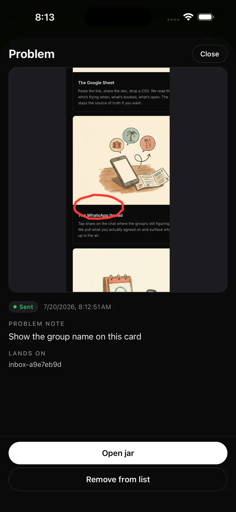 Journeys WhatsApp card in Vibejar — a red circle around the card heading, with the note: show the group name on this card.