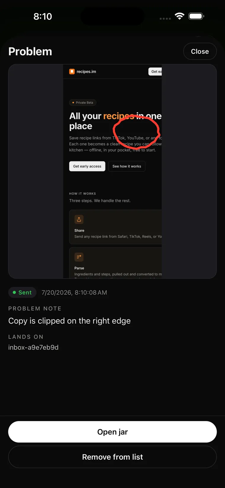 Recipes landing page in Vibejar — a red circle where the headline copy clips at the right edge, with the note: copy is clipped on the right edge.
