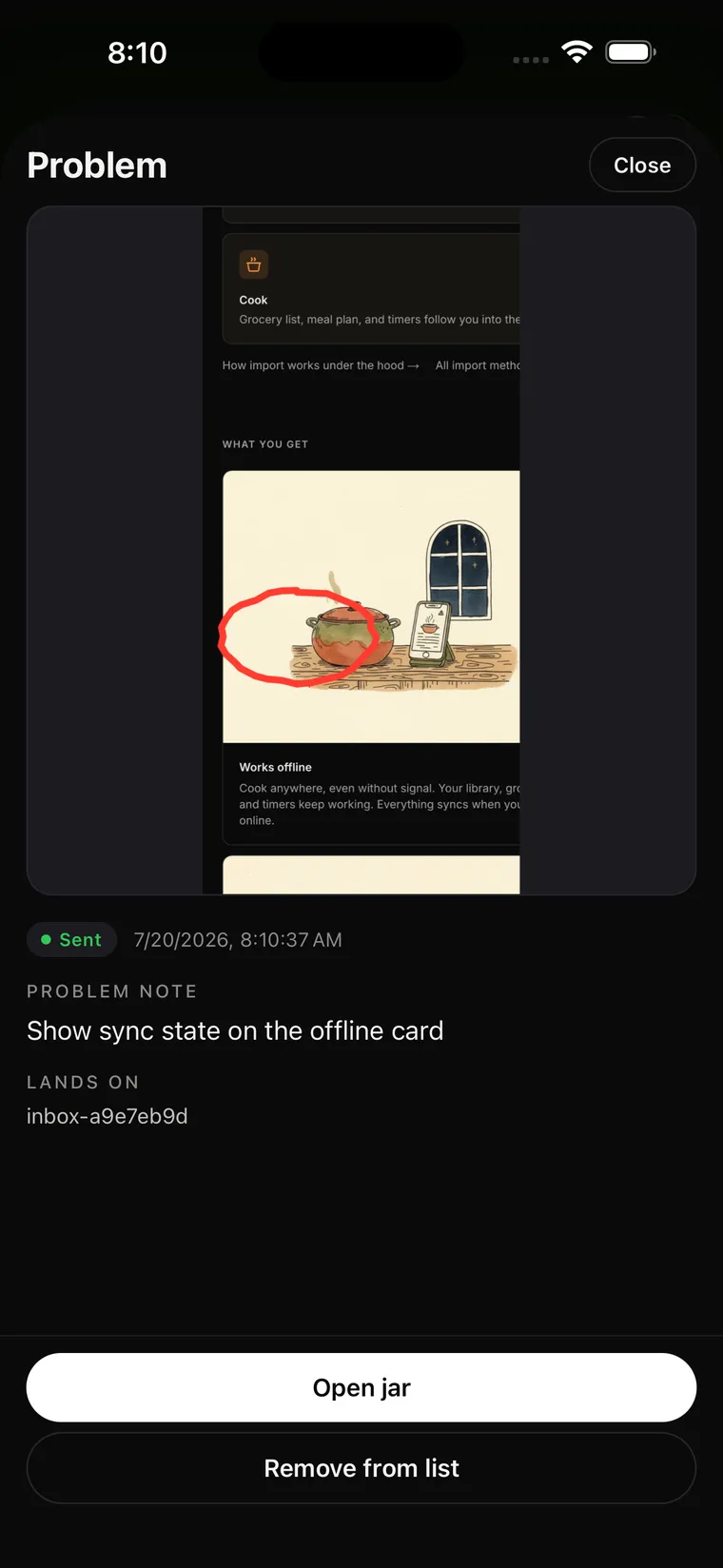 Recipes offline card in Vibejar — a red circle on the Works offline illustration, with the note: show sync state on the offline card.