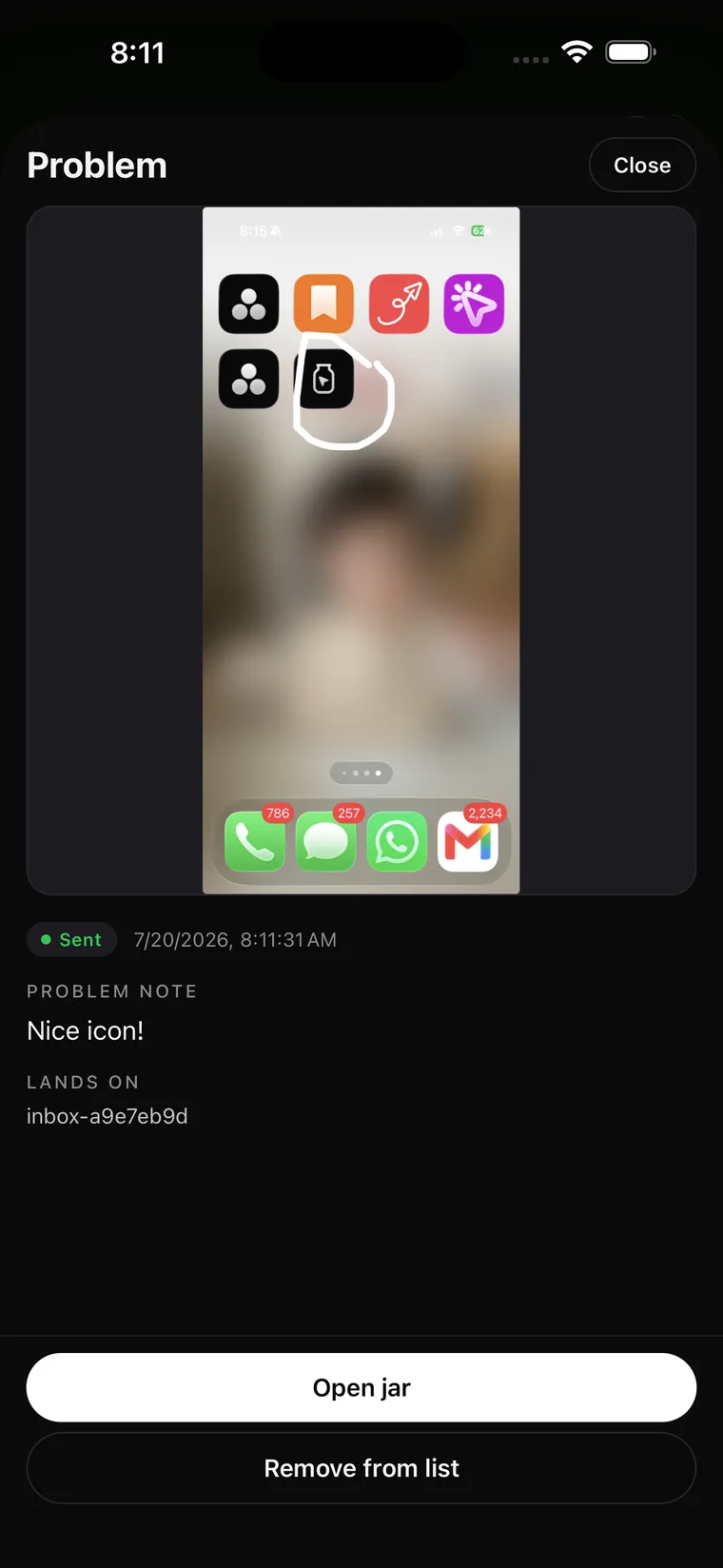 iPhone home screen in Vibejar — a circle around the Vibejar jar icon, with the note: nice icon!