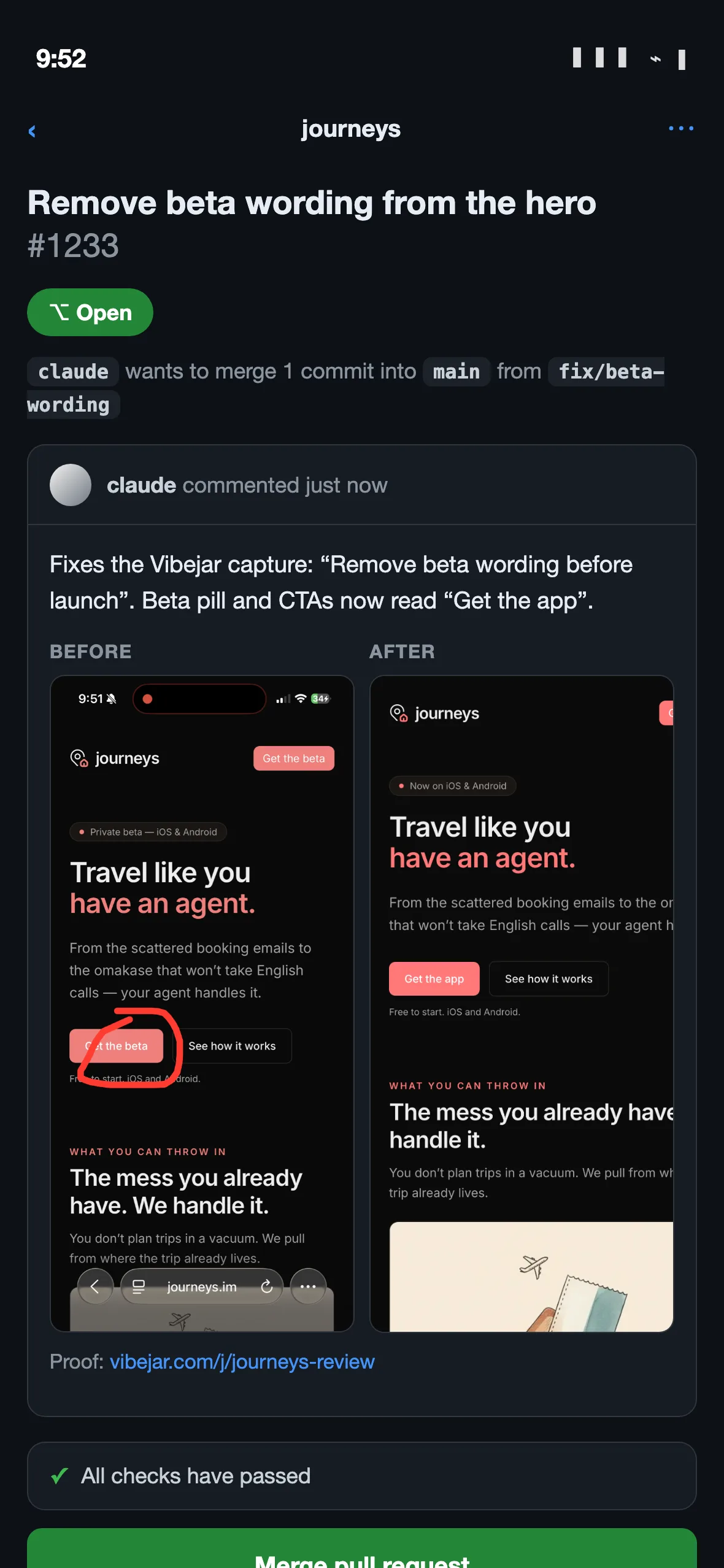 A GitHub pull request on iPhone: Remove beta wording from the hero, #1233 — the annotated Vibejar capture inline in the description, all checks passed, ready to merge.